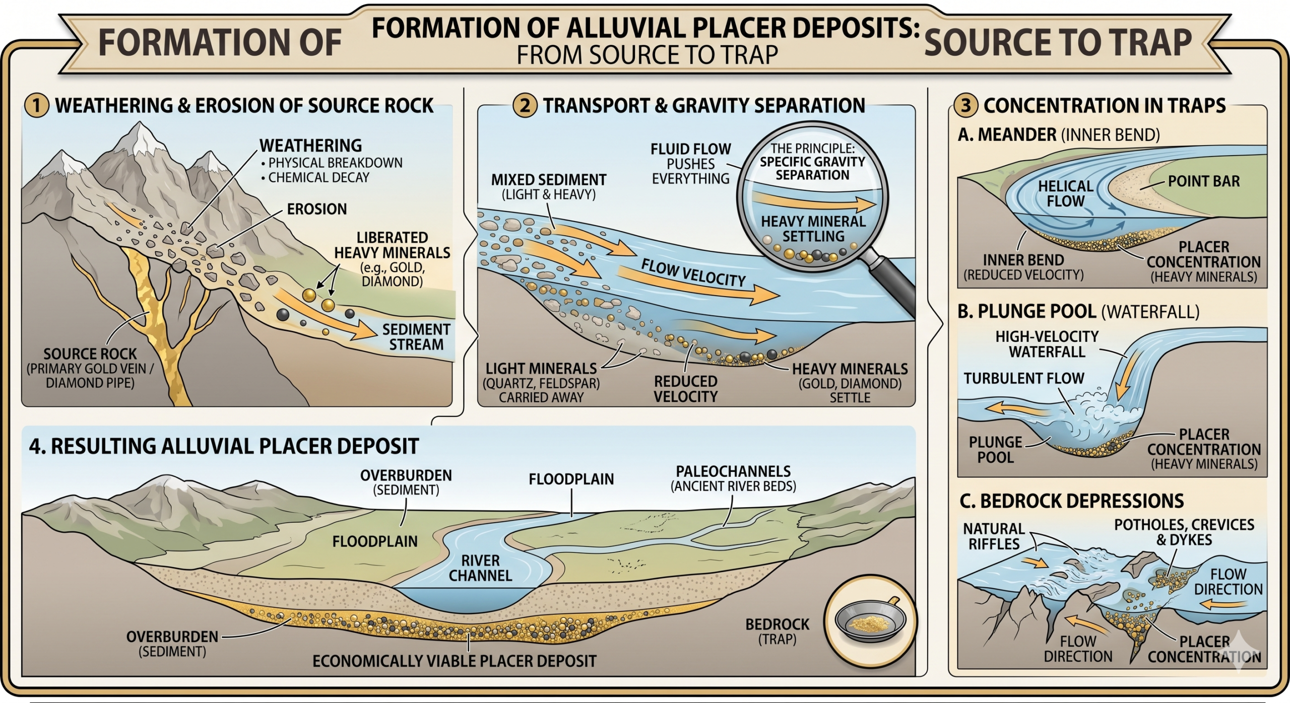 Aluvial and placer deposits formation