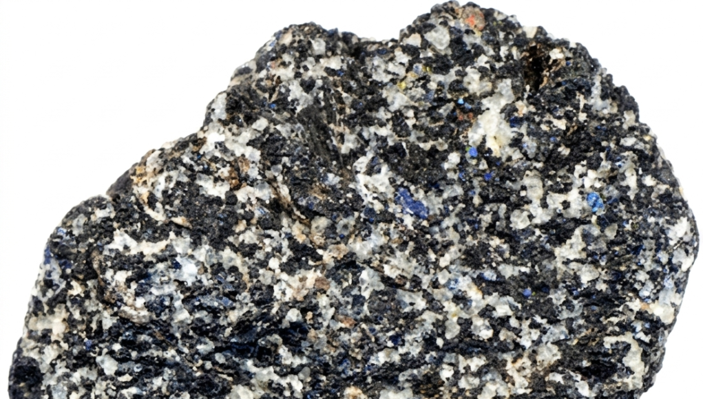 Gabbro rock hand sample showing coarse-grained phaneritic texture with dark pyroxene and light plagioclase crystals.