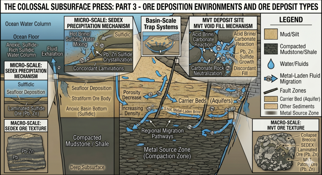 Comparison of SEDEX stratiform ore deposition and MVT epigenetic void-filling in carbonate rocks.