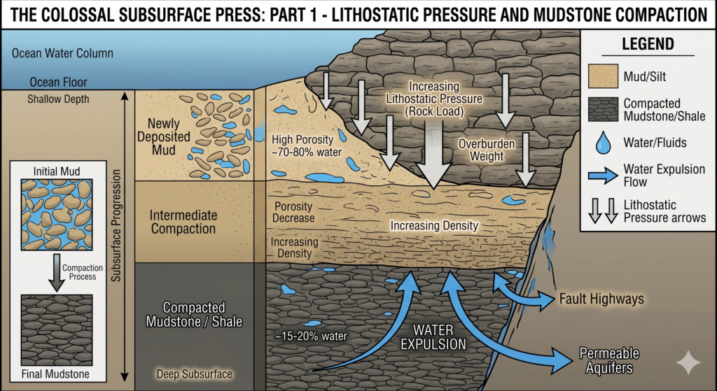 Geological cross section showing mudstone compaction and lithostatic pressure in a sedimentary basin.