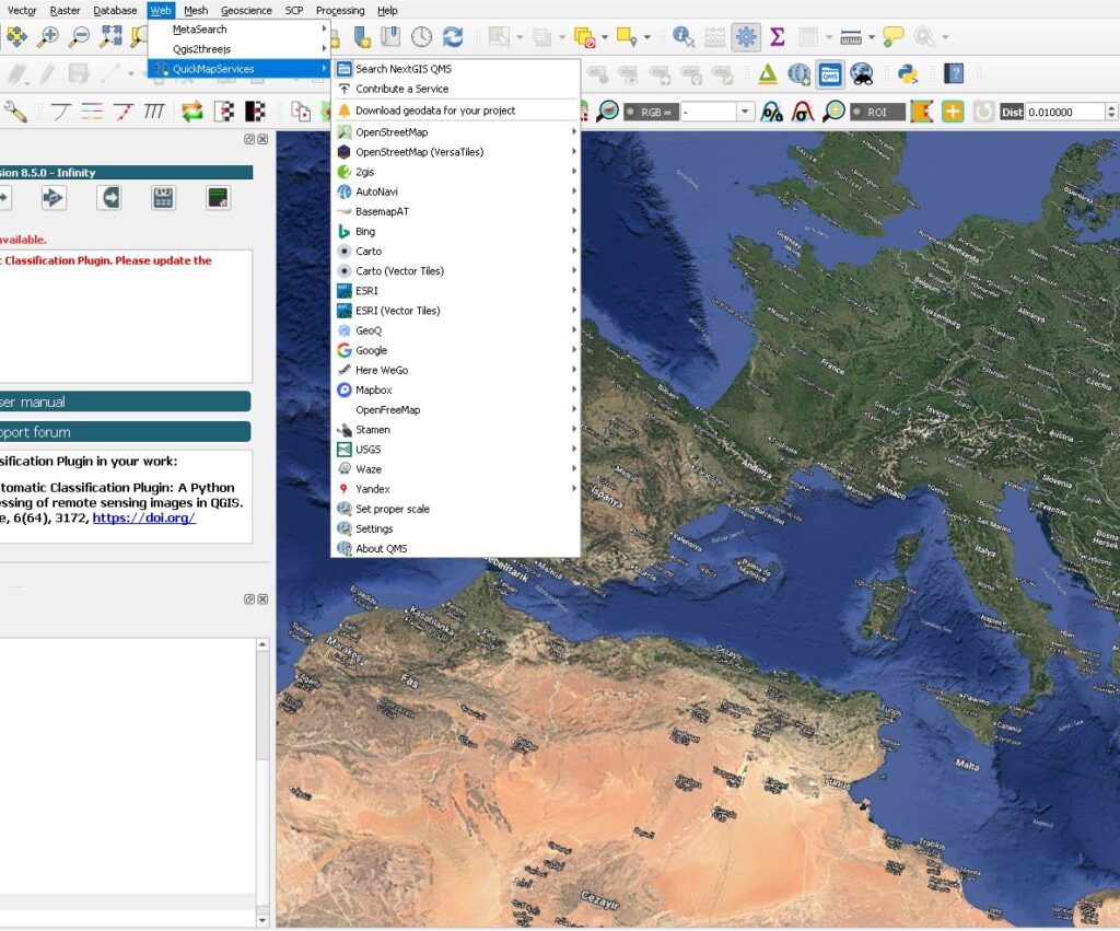 QuickMapServices basemap integration in QGIS for geological surveys