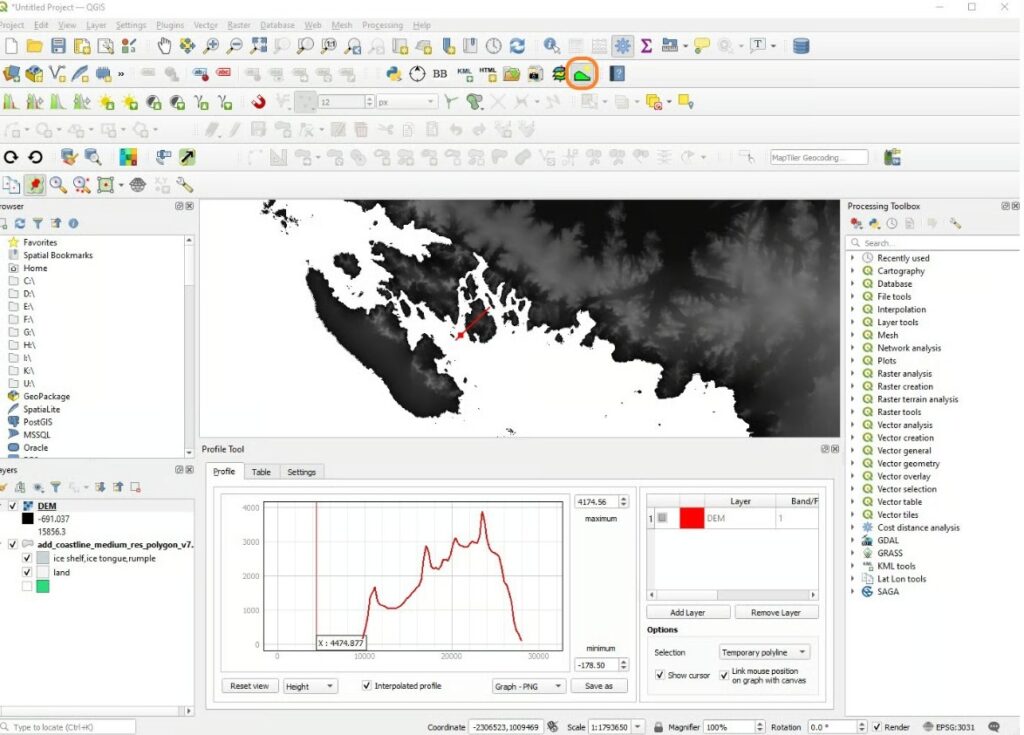 Topographic cross section generated with Profile Tool plugin