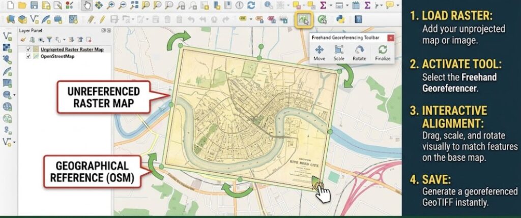Freehand Raster Georeferencer geological map alignment in QGIS