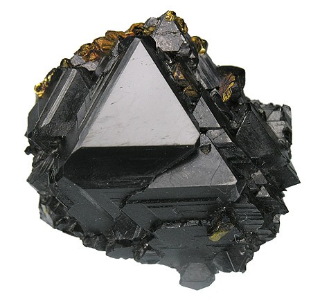 Sphalerite mineral coexisting with cubic galena and golden chalcopyrite in polymetallic ore